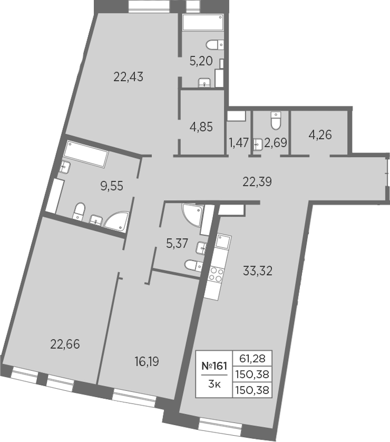 3-комнатная квартира 150.38 м², 6/7 эт., ЖК «Северная Корона»